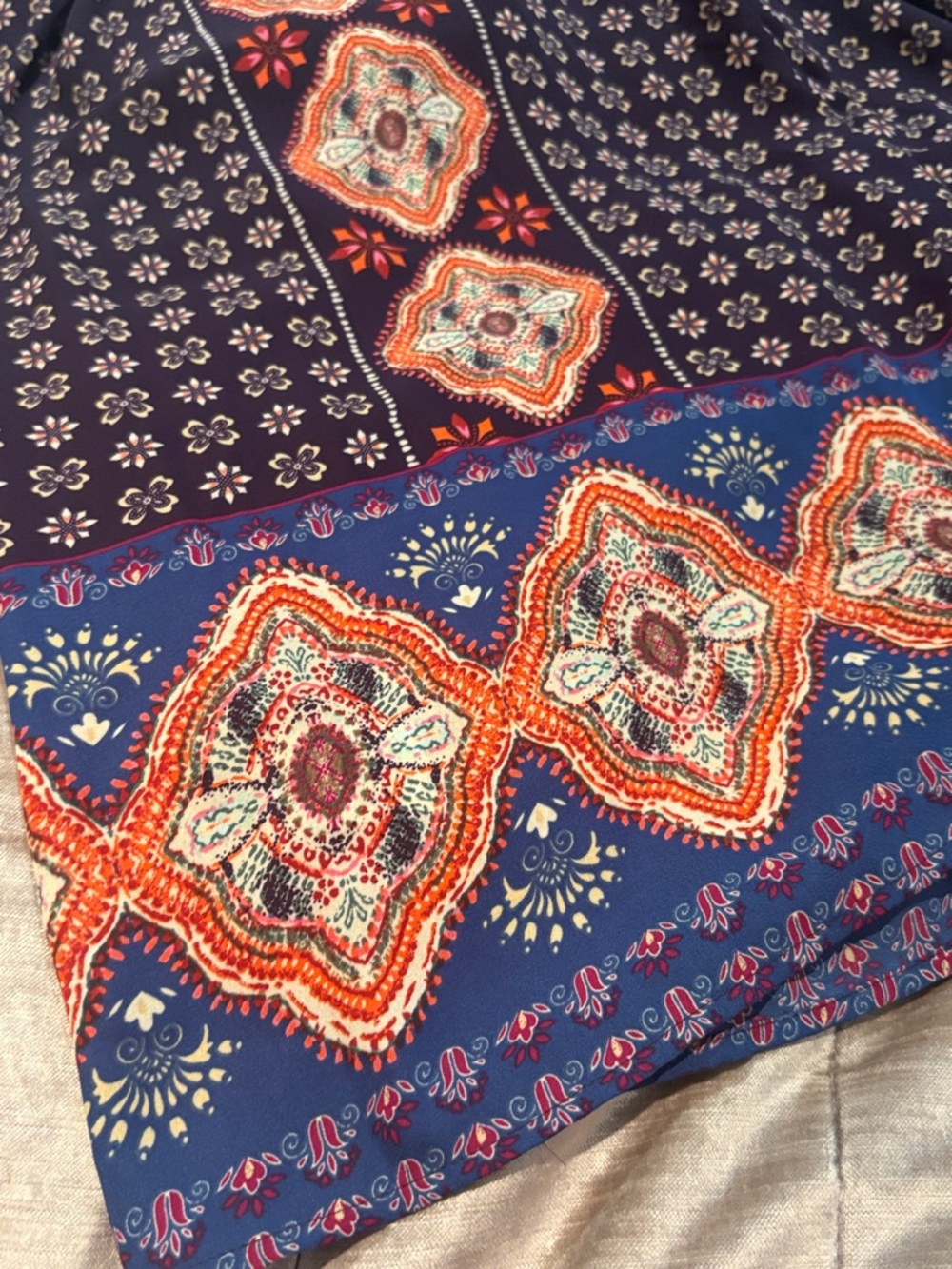 DR2 Navy Boho Top with Purple Tassel & Orange Medallion Print XS - Picture 10 of 11